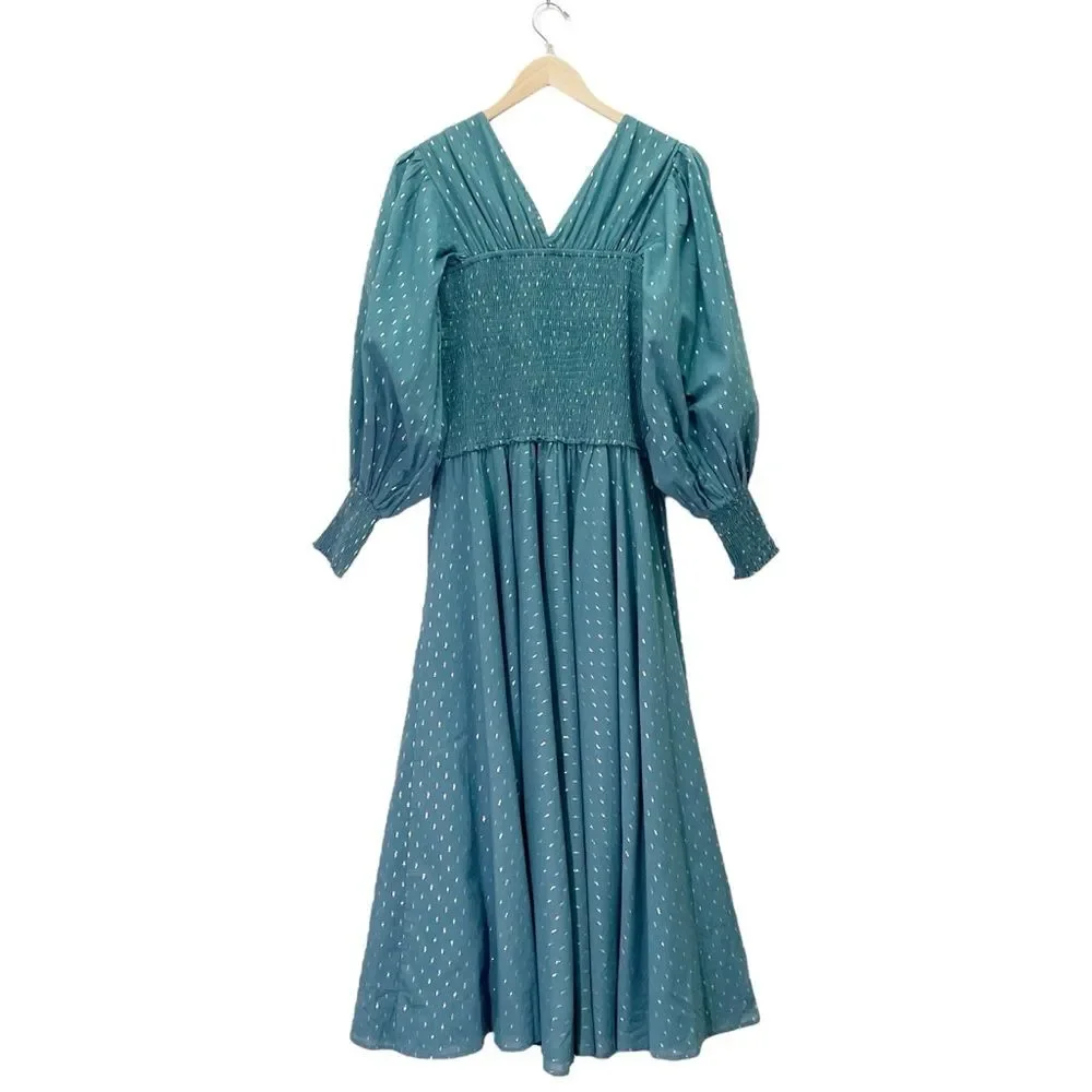 Abacaxi Eva Dress Teal Metallic Cotton Maxi Puff Sleeve Smocked Bodice Sz Large